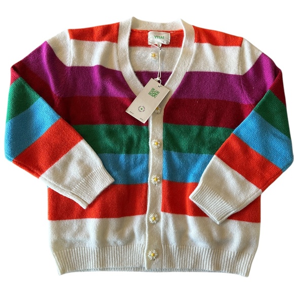 YITAI Stripe Cardigan with Flower Buttons – L (Cream/Pink/Green/Blue/Orange Mult - Picture 1 of 7